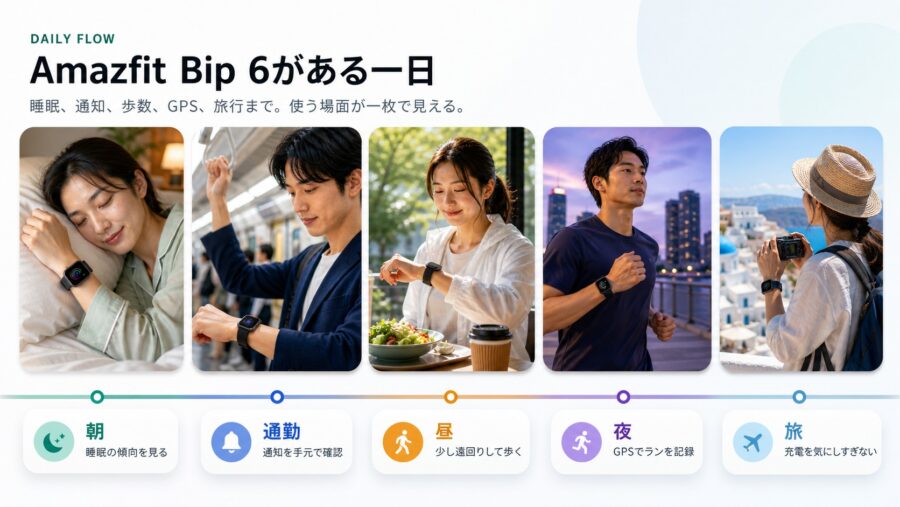 Amazfit Bip 6がある一日の使い方を整理したタイムラインスライド