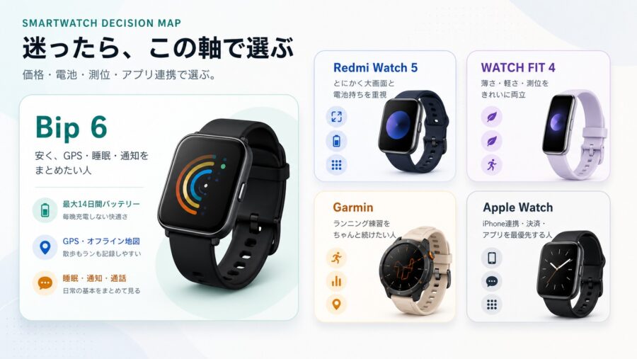Amazfit Bip 6と競合スマートウォッチの選び方を整理した比較マップ