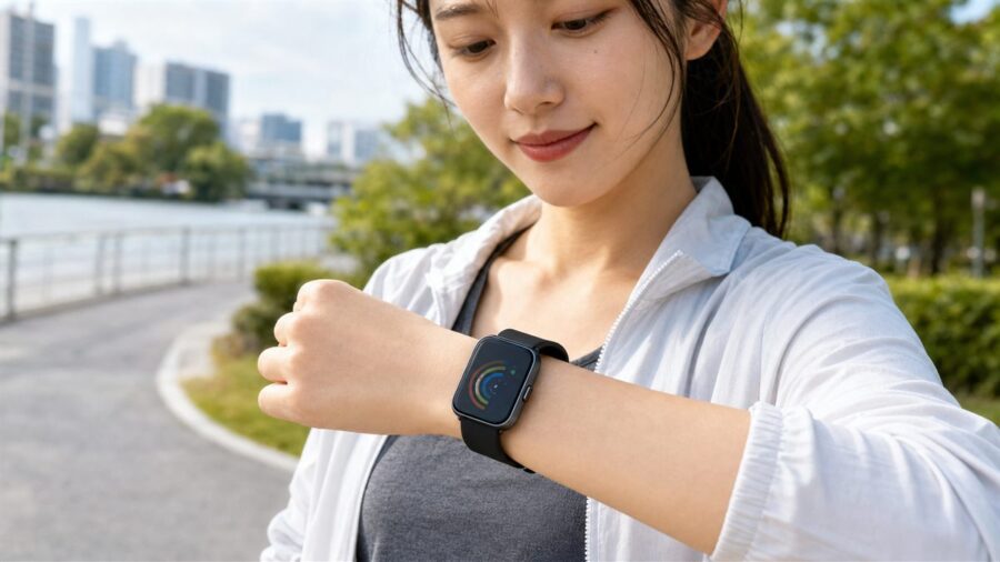 女性がAmazfit Bip 6を着けて屋外で確認しているイメージ