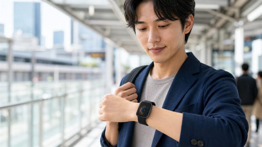 男性モデルがAmazfit Bip 6を着けて確認しているイメージ
