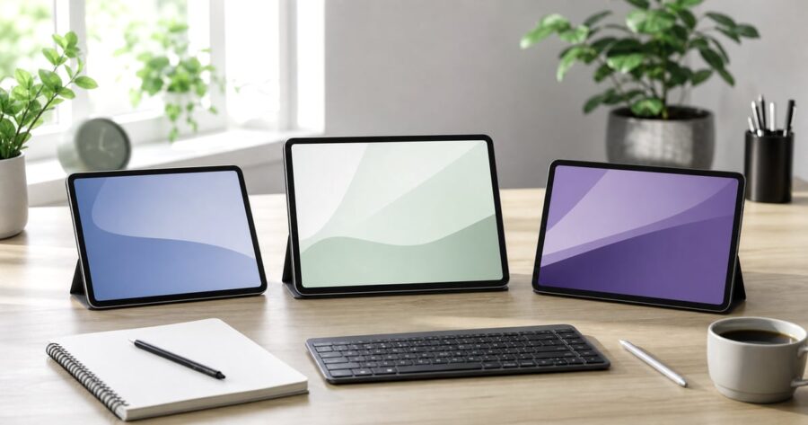 Galaxy Tab A9+を開封後に机でセットアップしている様子
