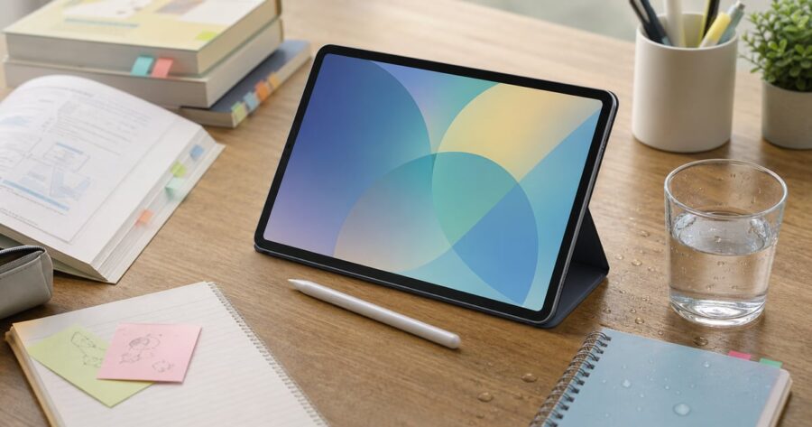 Galaxy Tab S10 FEを開封後に机でセットアップしている様子