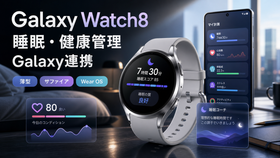 Galaxy Watch8の特徴をまとめたレビュー用スライド