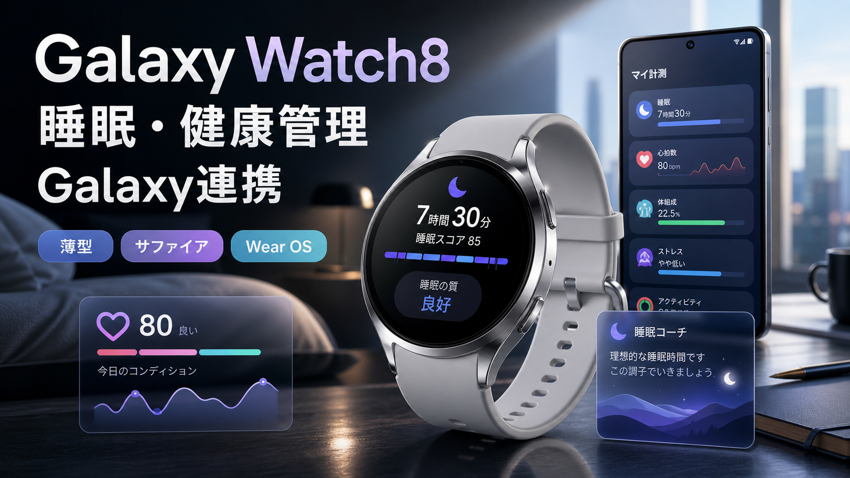 Galaxy Watch8の特徴をまとめたレビュー用スライド