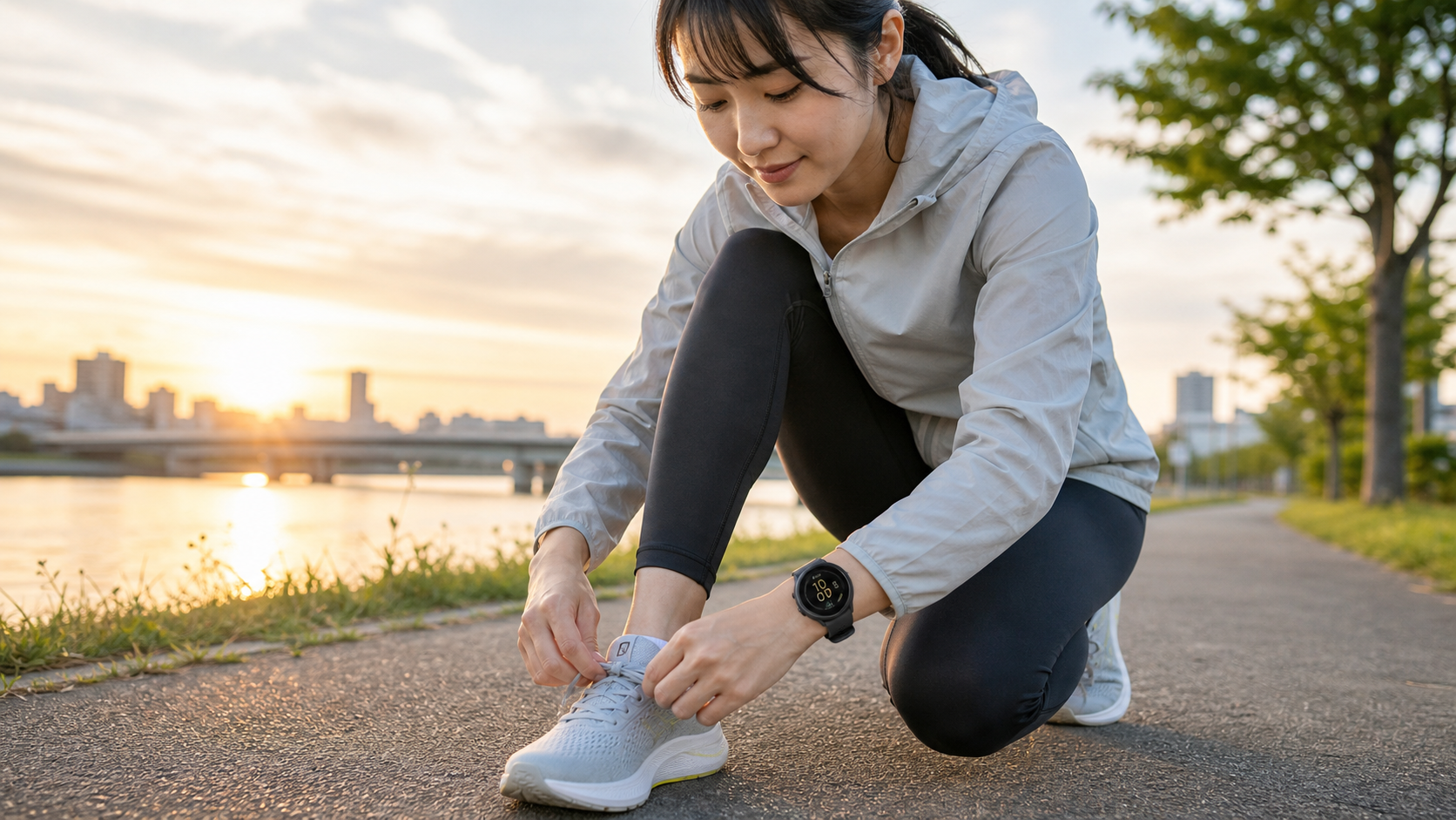 Garmin Forerunner 165 Musicをランニング前に着用している女性のイメージ