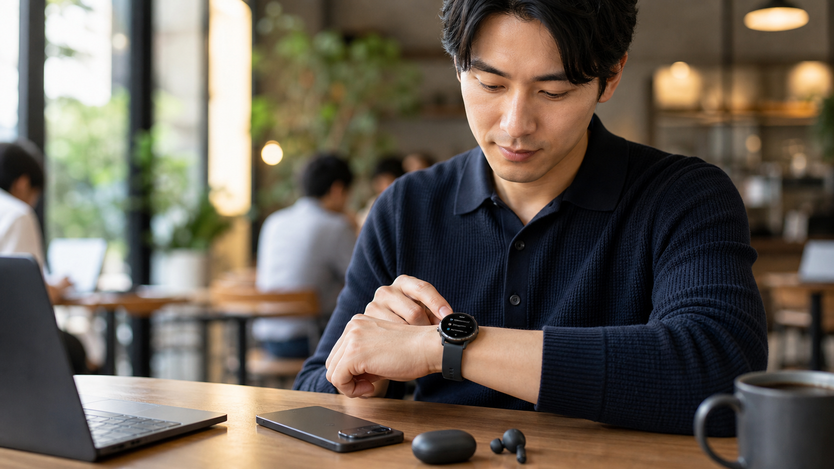 Google Pixel Watch 4をカフェ作業で着用している男性のイメージ