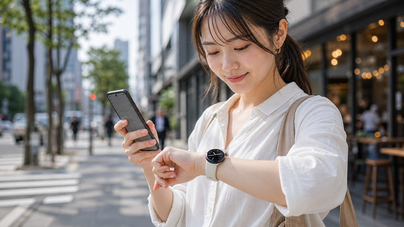 Google Pixel Watch 4を街歩きで着用している女性のイメージ