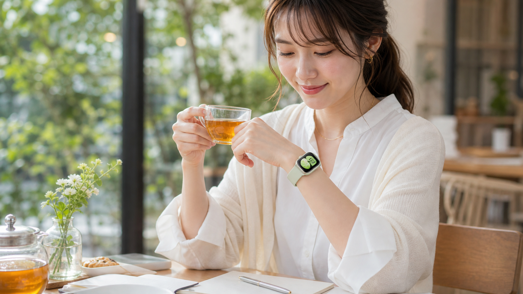 HUAWEI WATCH FIT 4をカフェで着用している女性のイメージ