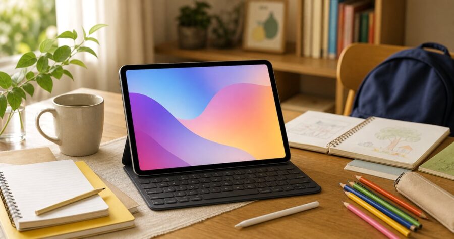 iPad A16を開封後に机でセットアップしている様子