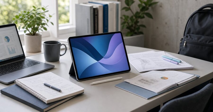 iPad Air M4を開封後に机でセットアップしている様子