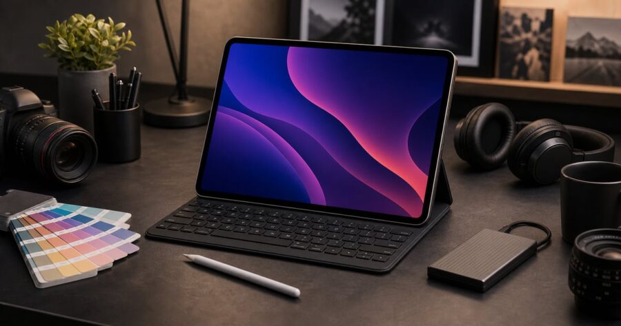 iPad Pro M4を開封後に机でセットアップしている様子