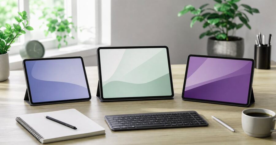 Lenovo Tab Plusを開封後に机でセットアップしている様子