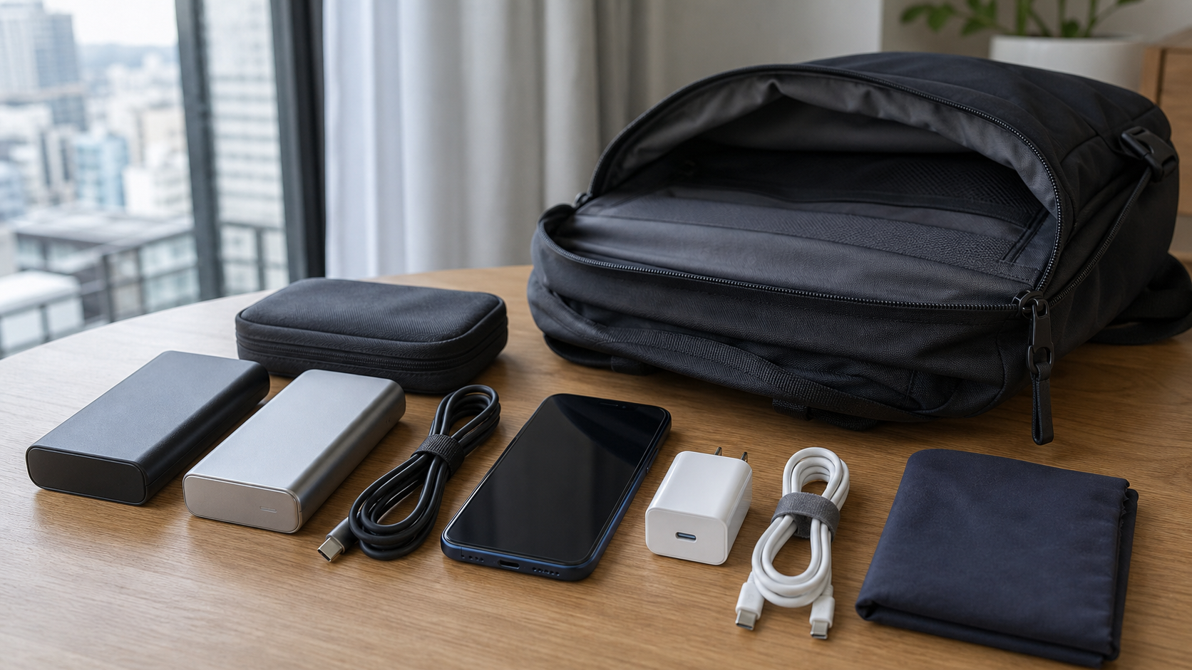 旅行前にモバイルバッテリーとUSB-Cケーブルを準備するイメージ