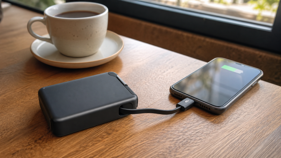 巻取り式USB-Cケーブルを内蔵した小型モバイルバッテリーの使用イメージ