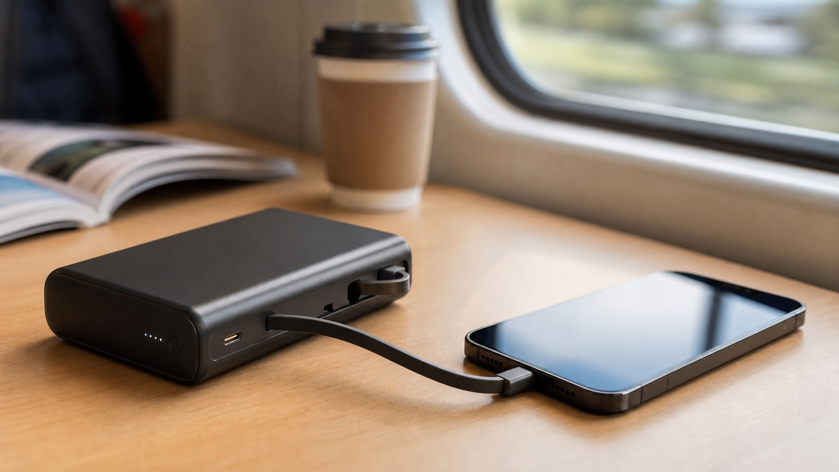 巻取り式USB-Cケーブルでスマホを充電する小型モバイルバッテリーのイメージ