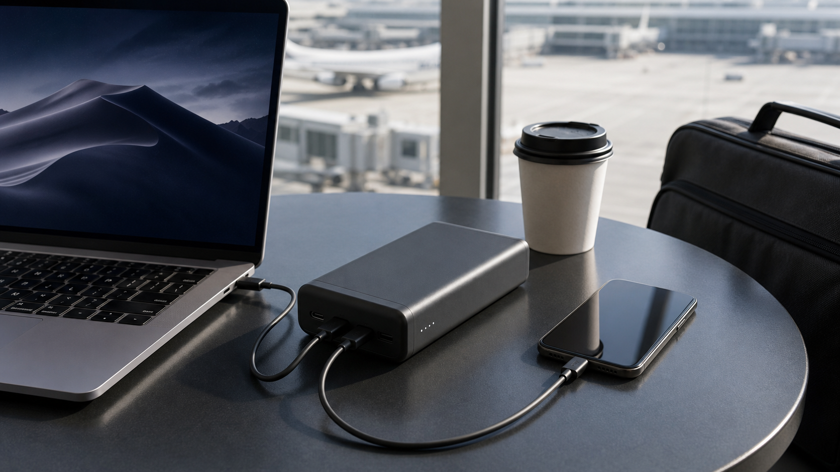 空港ラウンジでノートPCとスマホを同時充電する高出力モバイルバッテリーのイメージ