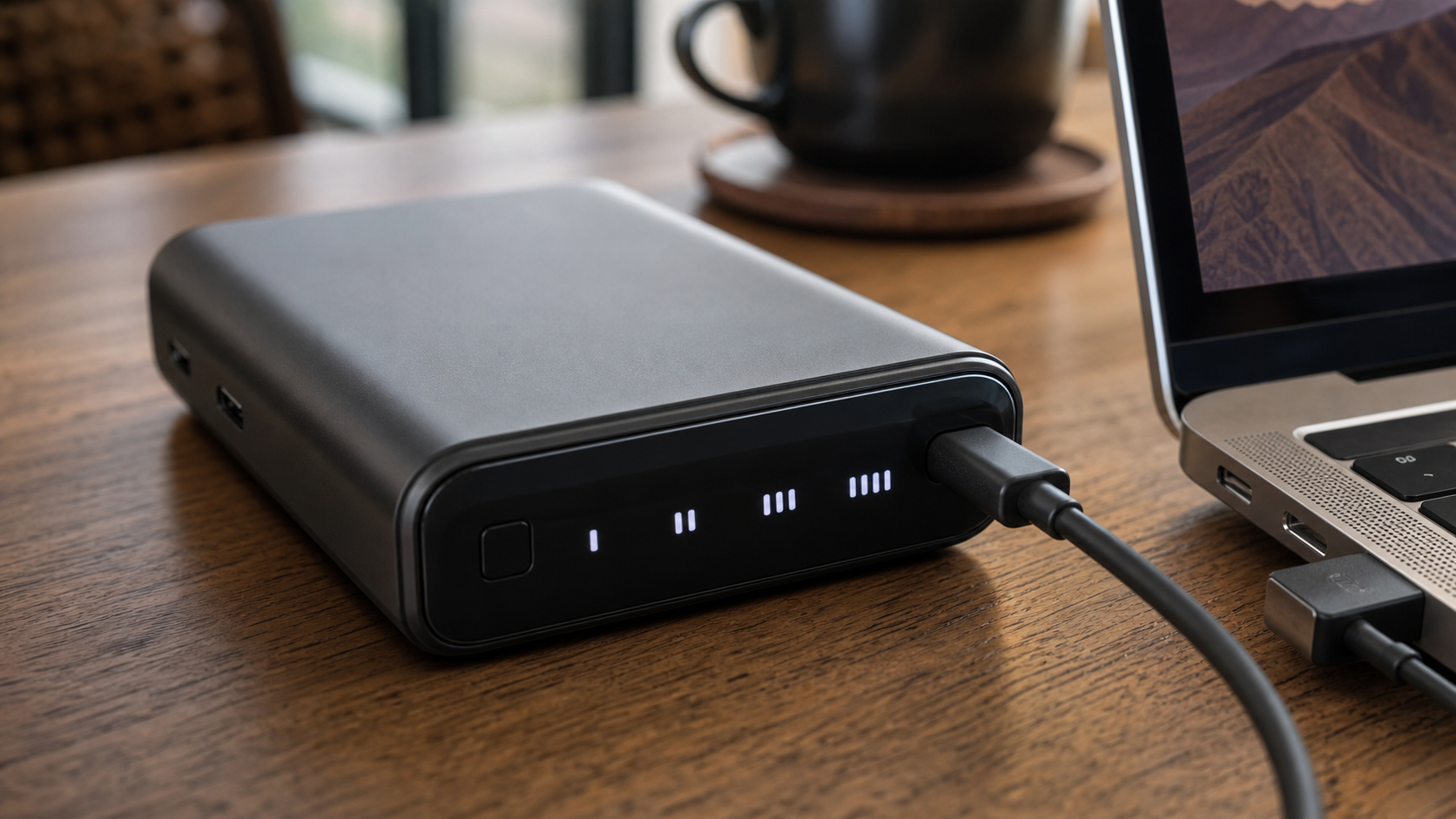 高出力モバイルバッテリーのポート周りと充電状態を確認するイメージ