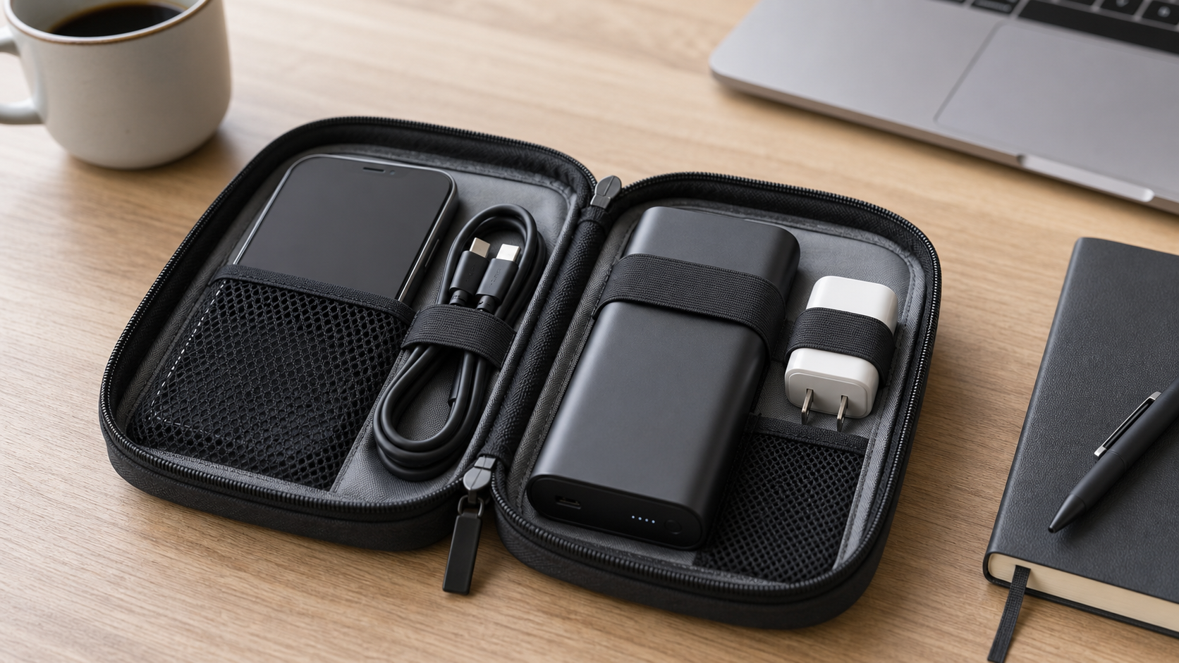 USB-Cケーブルとモバイルバッテリーをポーチに整理するイメージ
