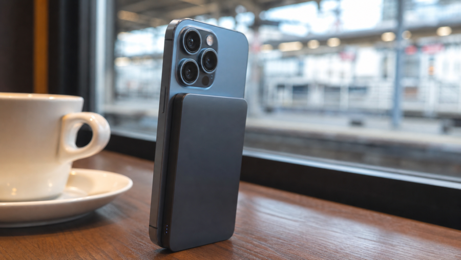 スマホ背面に薄型マグネット式モバイルバッテリーを装着したイメージ