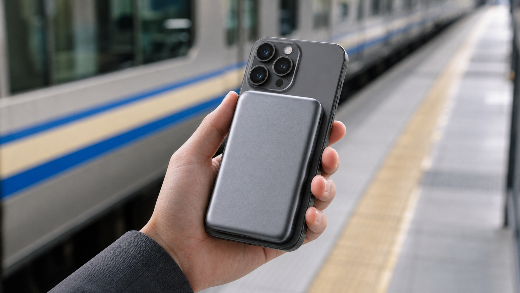 スマホ背面に薄型マグネット式モバイルバッテリーを装着したイメージ