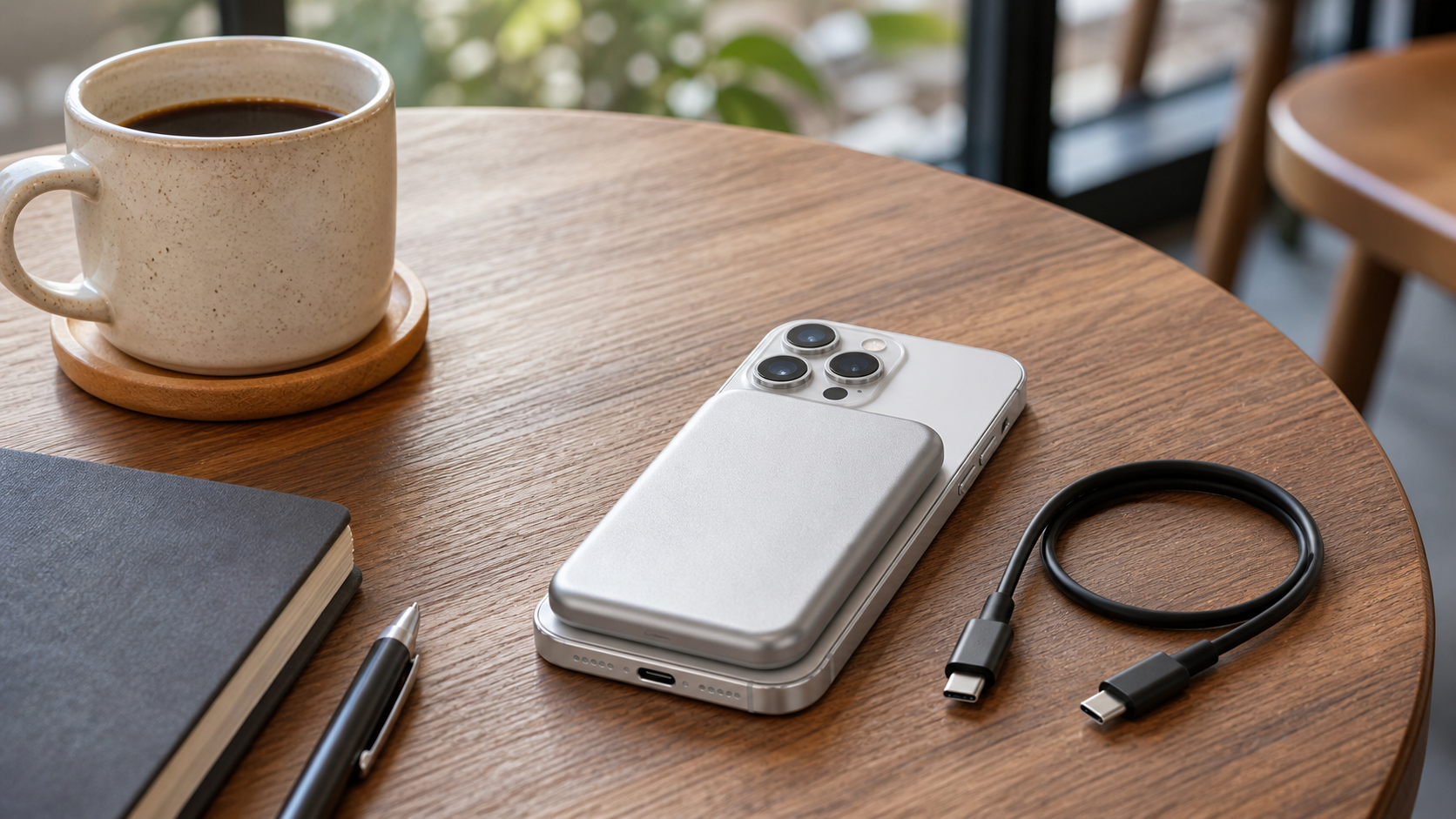 マグネット式モバイルバッテリーとUSB-Cケーブルを併用するイメージ