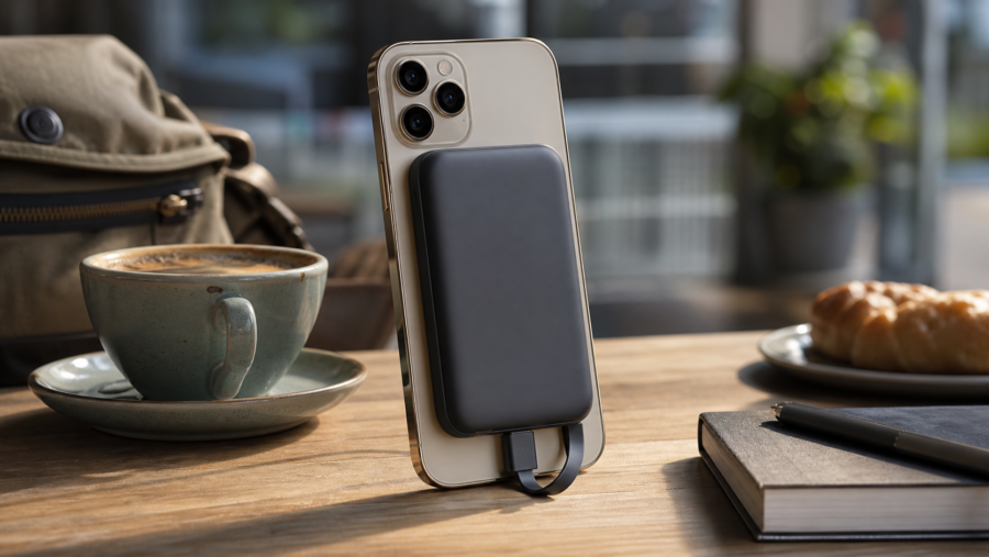 スマホ背面にマグネット式モバイルバッテリーを装着してカフェで使うイメージ