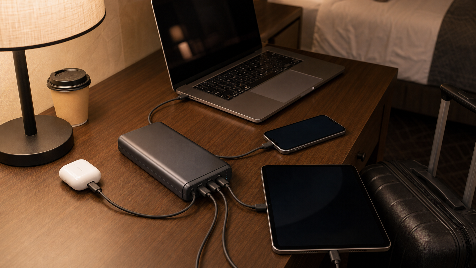 ホテルのデスクで複数端末を大容量モバイルバッテリーから充電するイメージ