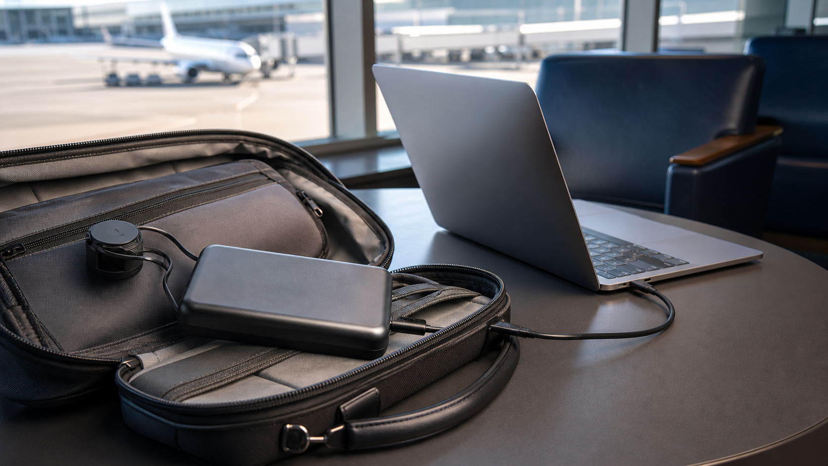 空港の待ち時間に大容量モバイルバッテリーでノートPCを充電するイメージ