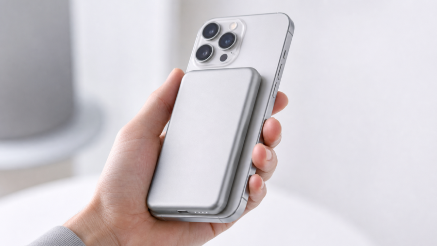 薄型マグネット式モバイルバッテリーをスマホ背面に装着したイメージ