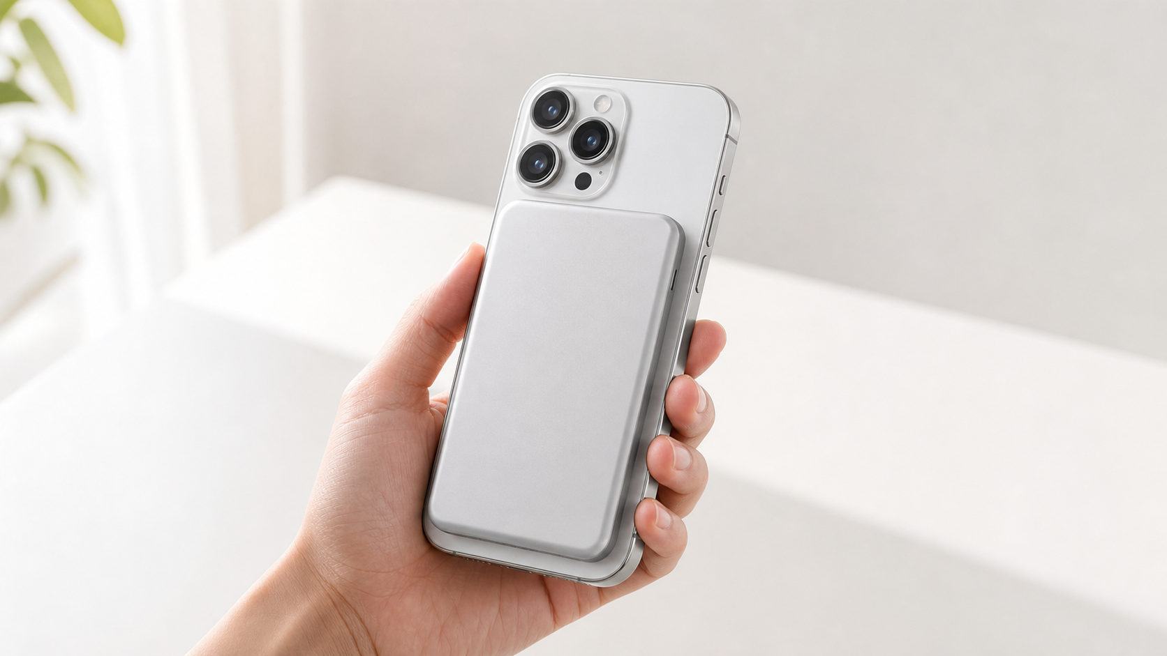薄型マグネット式モバイルバッテリーをスマホ背面に付けて持つイメージ