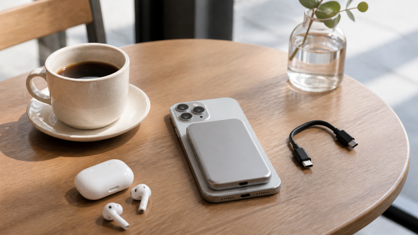 カフェでスマホと薄型マグネット式モバイルバッテリーを置いて充電するイメージ