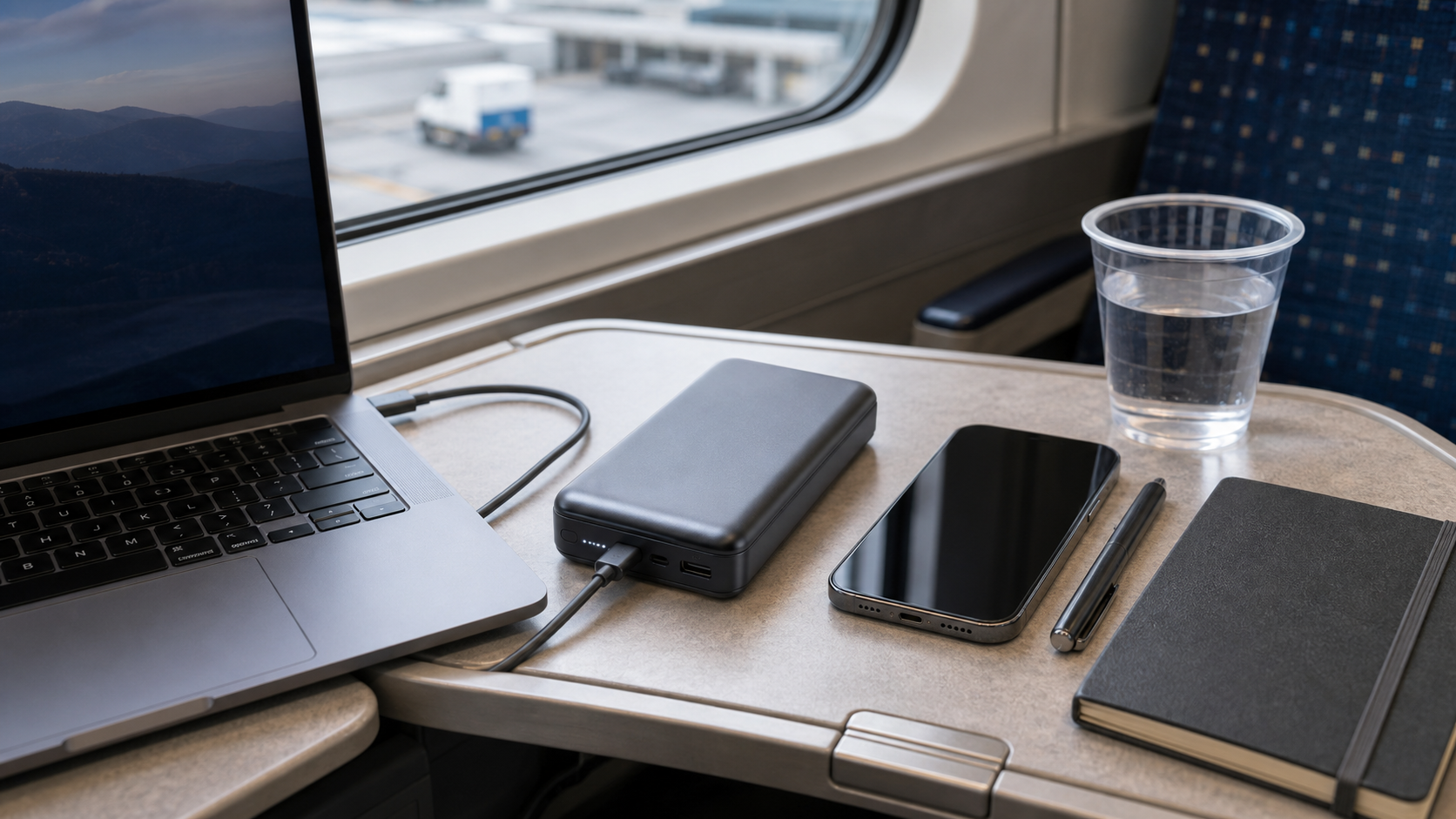 移動中のテーブルでノートPCと高出力モバイルバッテリーを使うイメージ