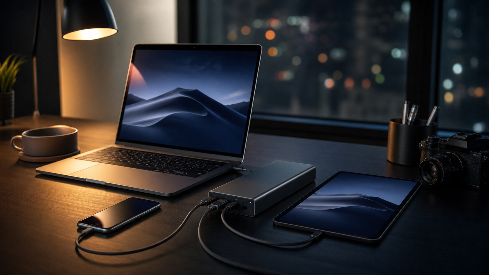 MacBook Proと複数端末を同時充電する高出力モバイルバッテリーのイメージ
