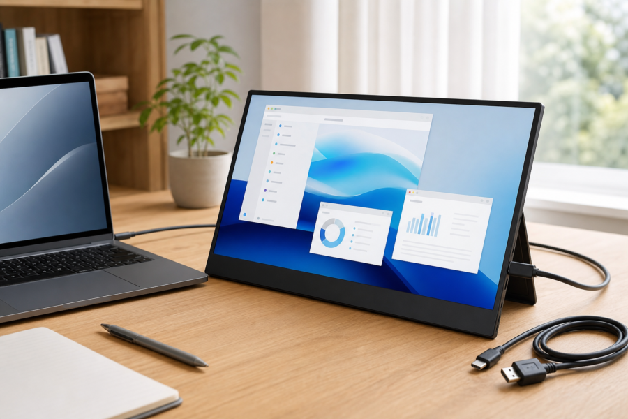 JAPANNEXT JN-MD-i156F-T-LEをPC横に設置したモバイルモニターの製品別デュアルディスプレイ生成イメージ