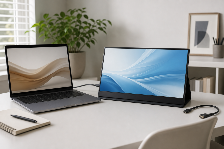 ASUS ZenScreen MB16AHVをPC横に設置したモバイルモニターの製品別デュアルディスプレイ生成イメージ