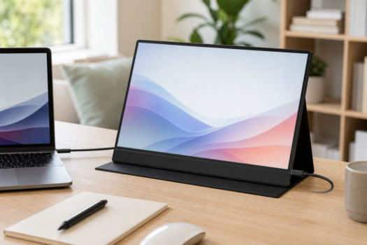 VisionOwl TJ-1をPC横に設置したモバイルモニターの製品別デュアルディスプレイ生成イメージ