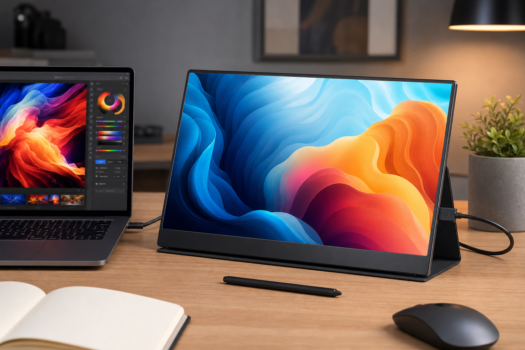 EHOMEWEI LQG-156NWをPC横に設置したモバイルモニターの製品別デュアルディスプレイ生成イメージ
