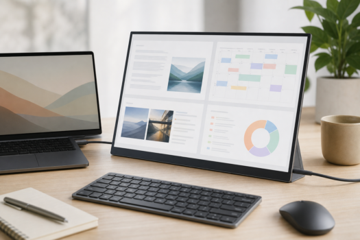 LG gram +view 16MR70をPC横に設置したモバイルモニターの製品別デュアルディスプレイ生成イメージ