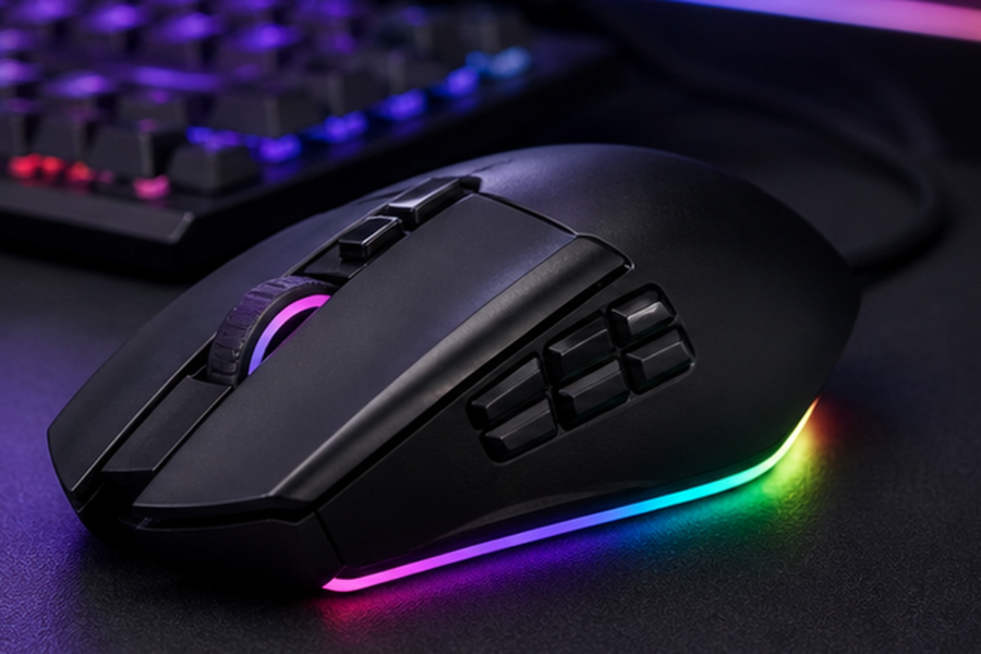 Logicool G502 X PLUS風の多ボタンゲーミングマウスをデスクに置いたイメージ