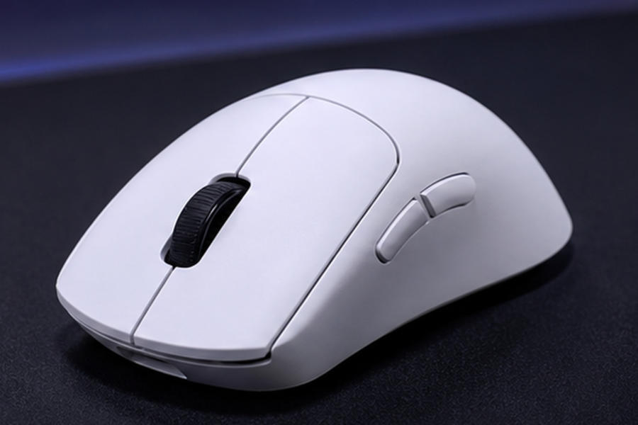Razer DeathAdder V3 Pro風の白い右手エルゴゲーミングマウスを置いたイメージ