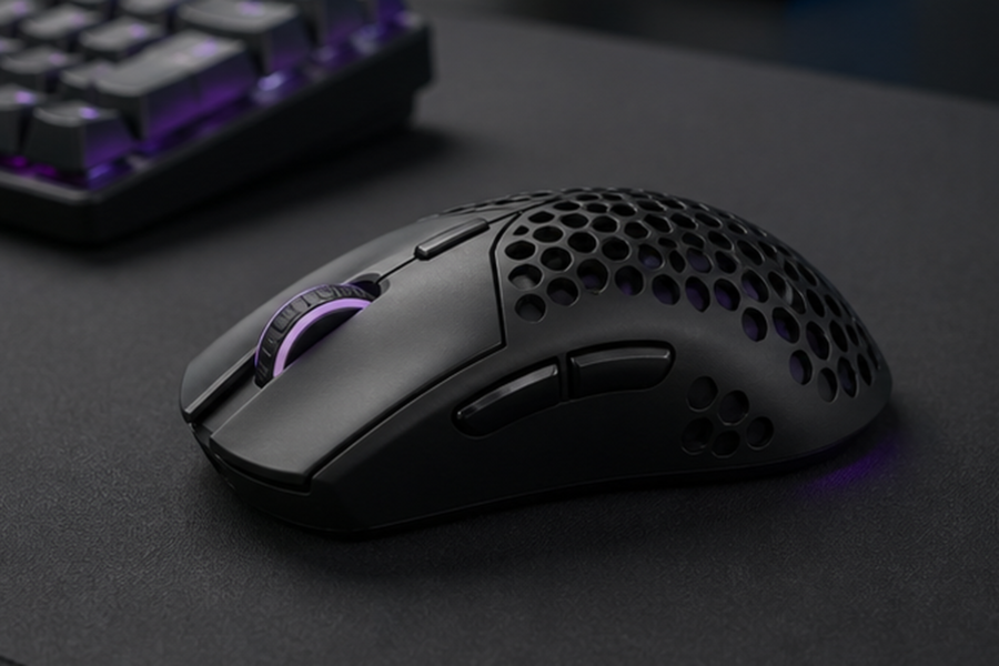 SteelSeries Aerox 5 Wirelessの穴あき軽量シェルとサイドボタンを示すイメージ