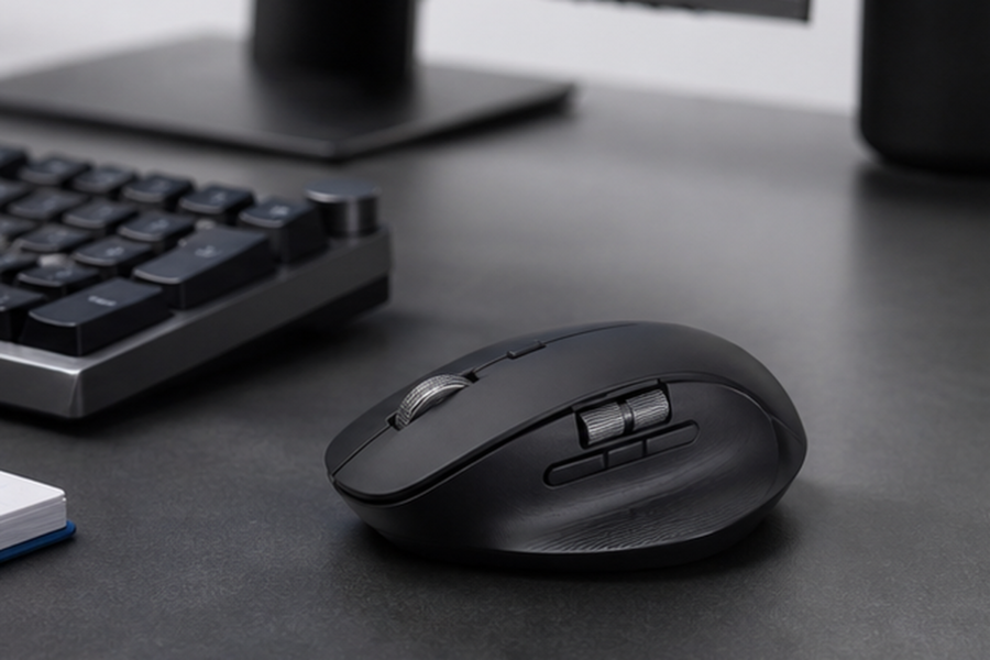 Keychron M6 Wireless Mouseの右手用エルゴノミック形状とサイドホイールを示すイメージ