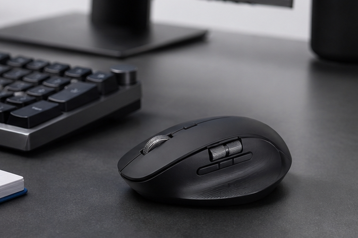 Keychron M6 Wireless Mouseの右手用エルゴノミック形状とサイドホイールを示すイメージ