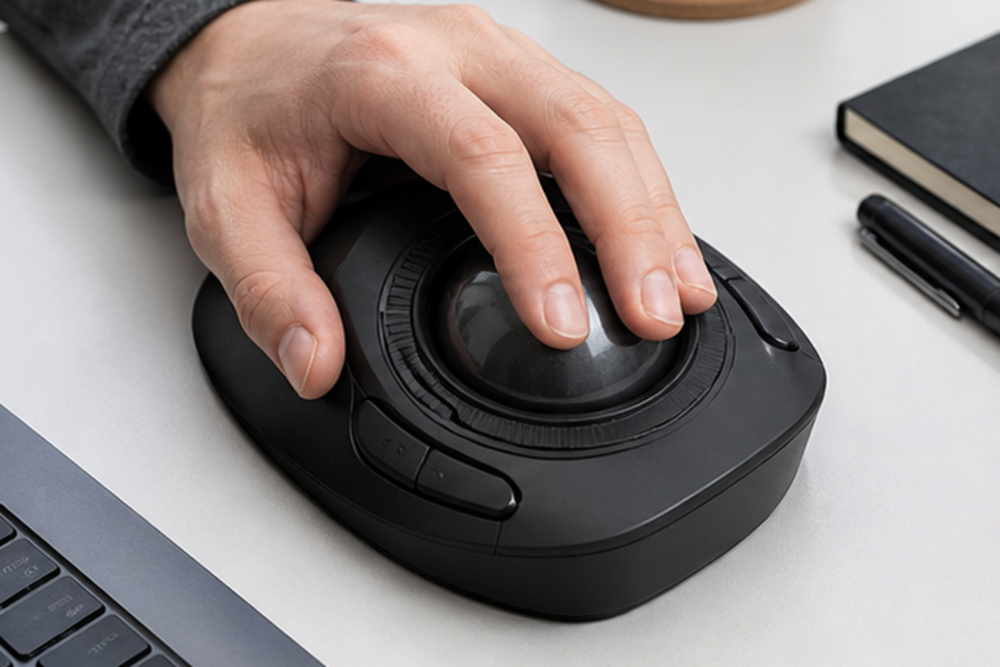 Kensington Expert Mouse Wireless Trackballの大きな中央ボールを指で操作する手元
