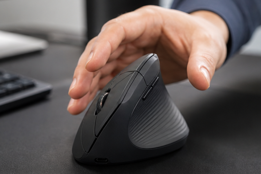 Kensington Pro Fit Ergo Vertical Wireless Mouseを握手のような角度で持つ手元