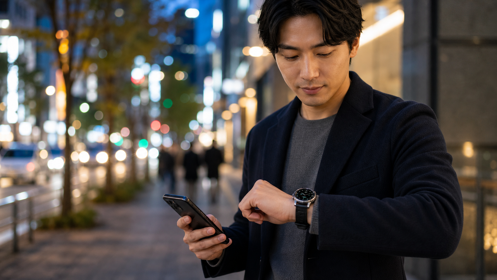 OnePlus Watch 3を夜の街で着用している男性のイメージ