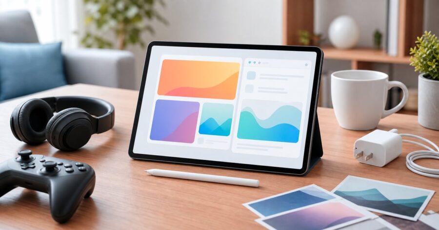 Redmi Pad Proを開封後に机でセットアップしている様子