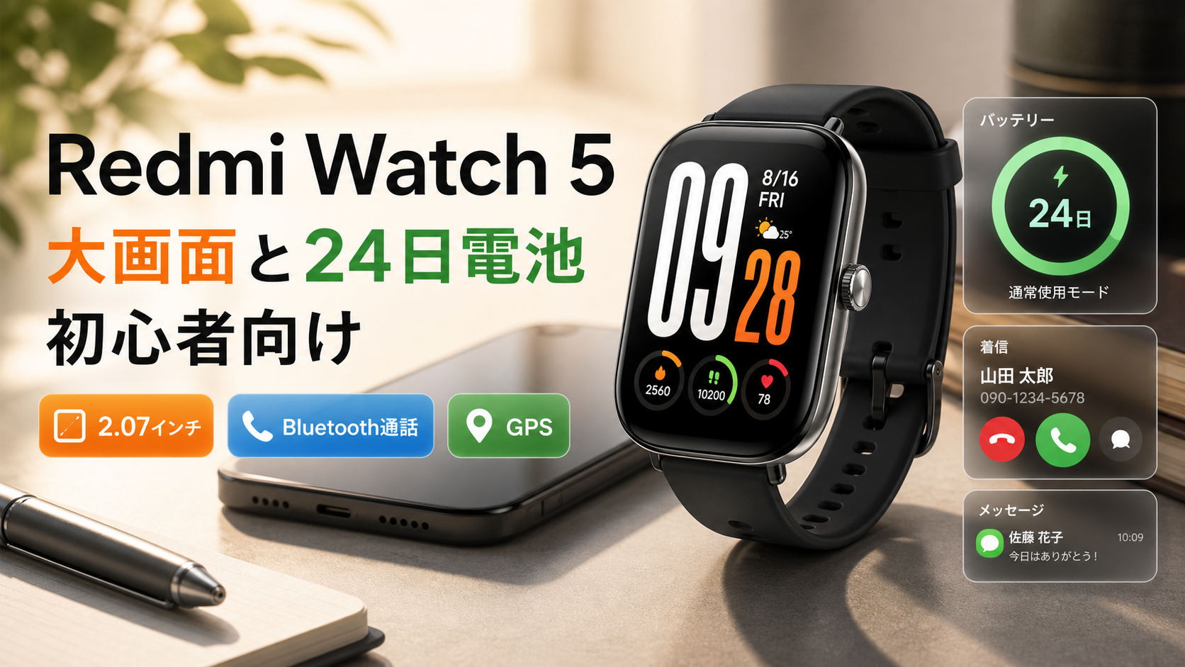 Redmi Watch 5の特徴をまとめたレビュー用スライド