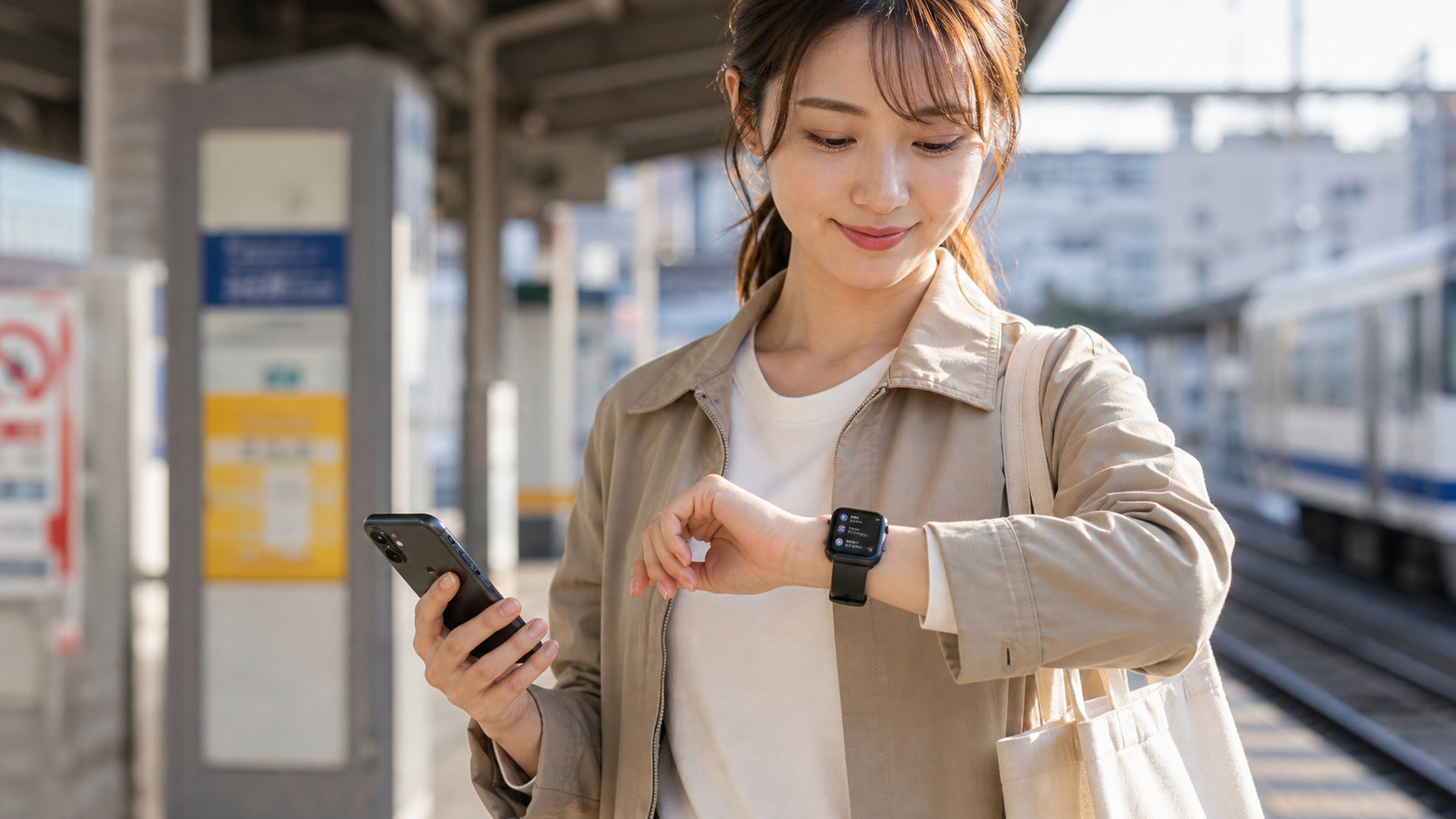 Redmi Watch 5を通勤中に着用している女性のイメージ