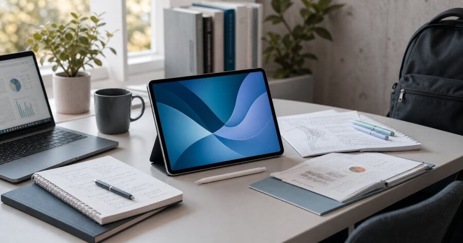 Surface Proを開封後に机でセットアップしている様子